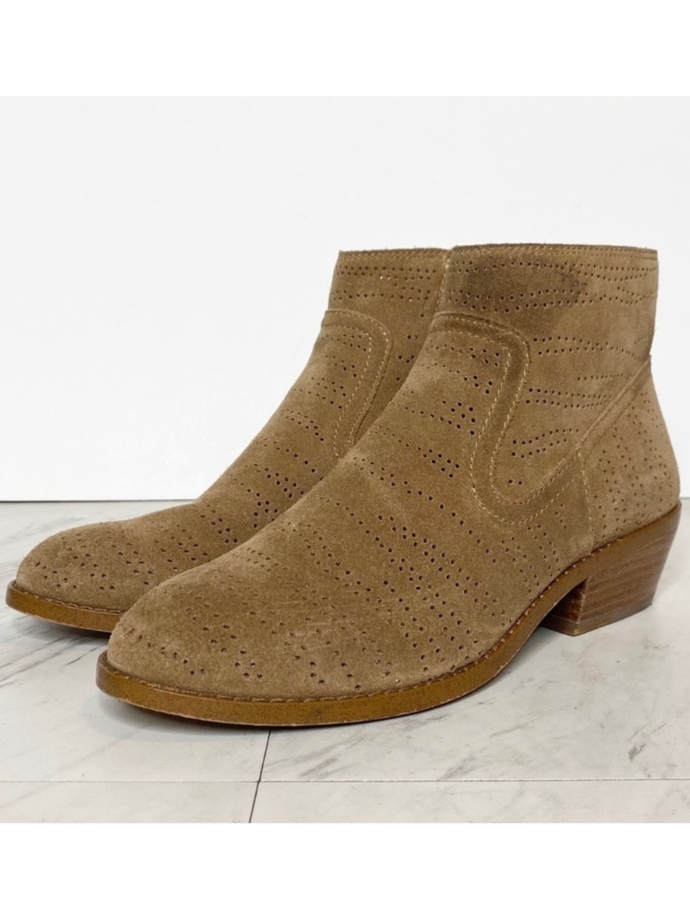1. State Perforated Suede Tan Bootie 6M